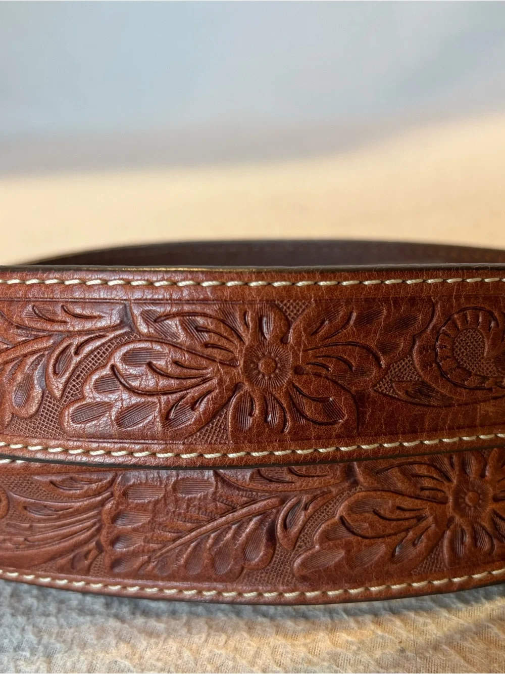 Tony Lama 44Austin-Floral Brown Tooled Leather Western Belt w/Silver Star Buckle
